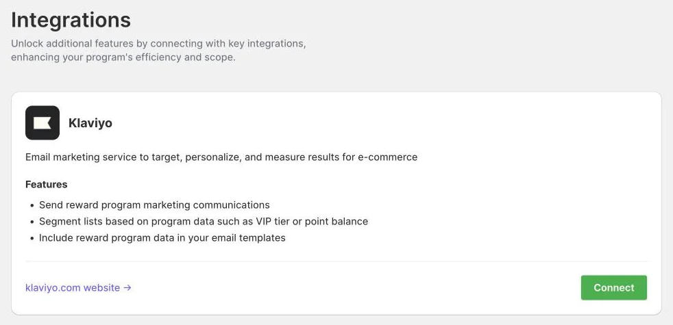 The Poinz Integrations page with the Klaviyo connection